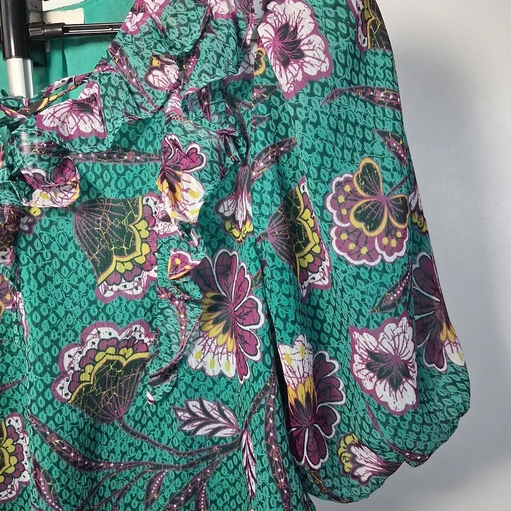 Green Floral Ruffle-Trim Women's Blouse puff sleeve